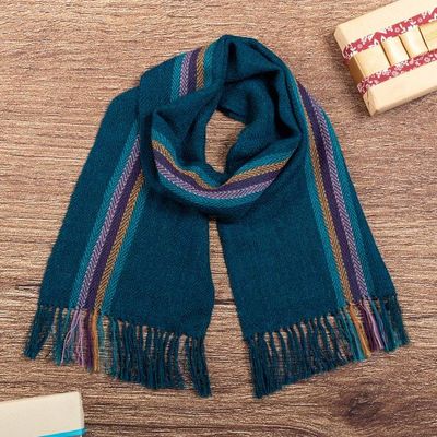 Alternate image for Handwoven Fringed Soft 100 Alpaca Scarf in Teal Green Hues Teal Night