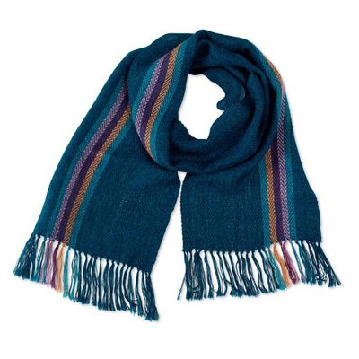 Alternate image for Handwoven Fringed Soft 100 Alpaca Scarf in Teal Green Hues Teal Night