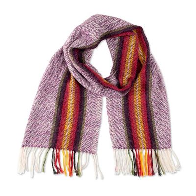Alternate image for Handmade Chevron-Patterned 100 Alpaca Scarf with Stripes Plum Chant