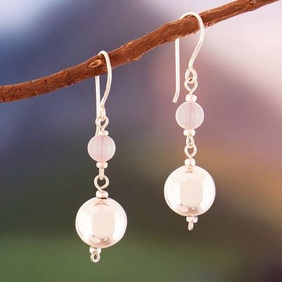 Alternate image for Polished Sterling Silver and Rose Quartz Dangle Earrings Loving Moonlight