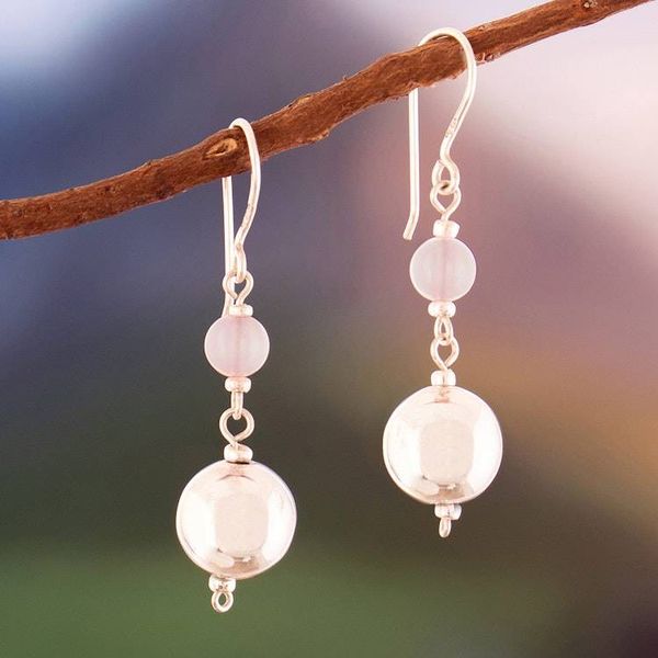 Alternate image for Polished Sterling Silver and Rose Quartz Dangle Earrings Loving Moonlight