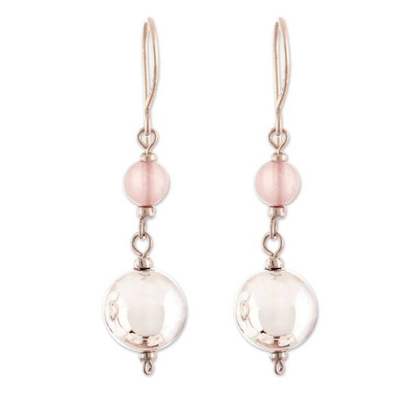 Alternate image for Polished Sterling Silver and Rose Quartz Dangle Earrings Loving Moonlight