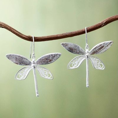 Alternate image for Sterling Silver Filigree Hook Earrings With Copper Accents Poised Dragonflies