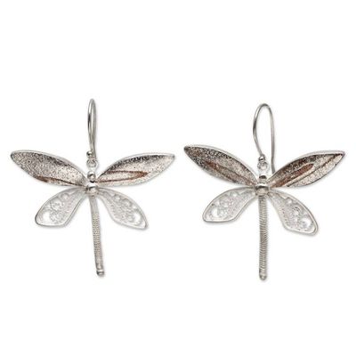Alternate image for Sterling Silver Filigree Hook Earrings With Copper Accents Poised Dragonflies