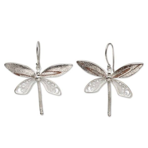 Alternate image for Sterling Silver Filigree Hook Earrings With Copper Accents Poised Dragonflies
