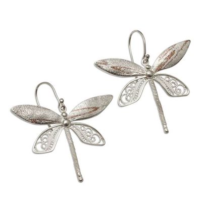 Alternate image for Sterling Silver Filigree Hook Earrings With Copper Accents Poised Dragonflies