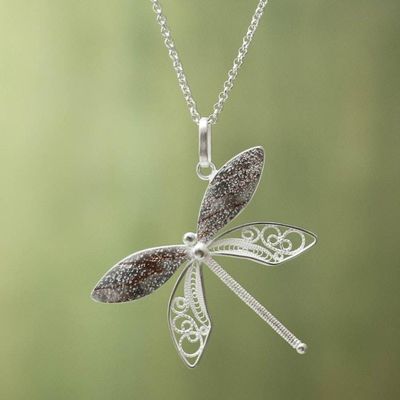 Alternate image for Sterling Silver Filigree Pendant Necklace and Copper Accents Poised Dragonfly