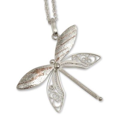 Alternate image for Sterling Silver Filigree Pendant Necklace and Copper Accents Poised Dragonfly