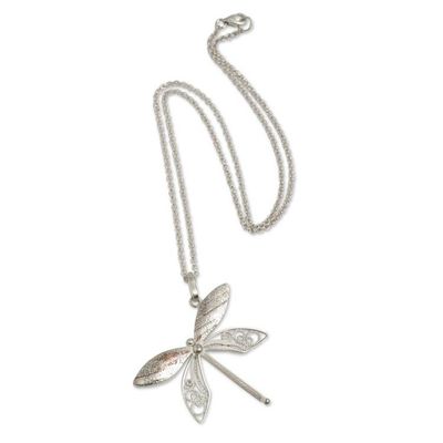 Alternate image for Sterling Silver Filigree Pendant Necklace and Copper Accents Poised Dragonfly