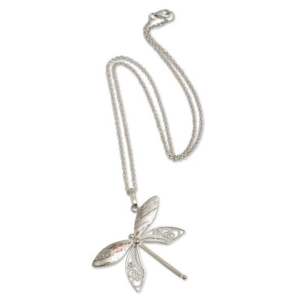 Alternate image for Sterling Silver Filigree Pendant Necklace and Copper Accents Poised Dragonfly