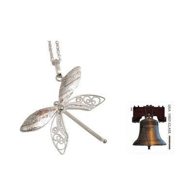 Alternate image for Sterling Silver Filigree Pendant Necklace and Copper Accents Poised Dragonfly