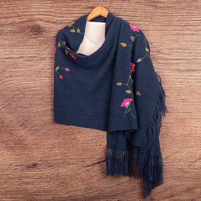 Primary image for Floral Embroidered Midnight Blue Alpaca Blend Fringed Shawl Midnight Flora