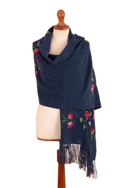 Alternate image for Floral Embroidered Midnight Blue Alpaca Blend Fringed Shawl Midnight Flora