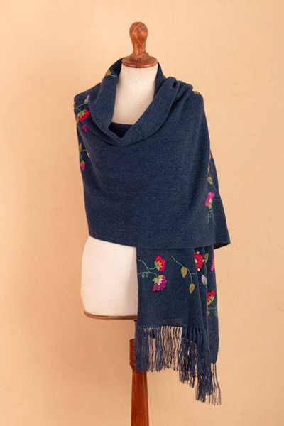 Alternate image for Floral Embroidered Midnight Blue Alpaca Blend Fringed Shawl Midnight Flora