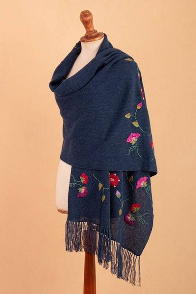 Alternate image for Floral Embroidered Midnight Blue Alpaca Blend Fringed Shawl Midnight Flora