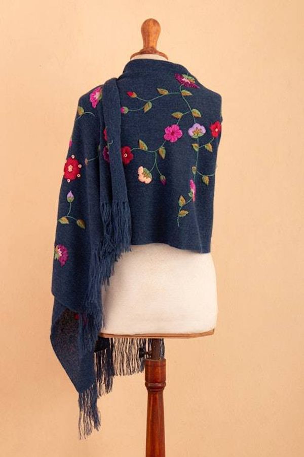 Alternate image for Floral Embroidered Midnight Blue Alpaca Blend Fringed Shawl Midnight Flora