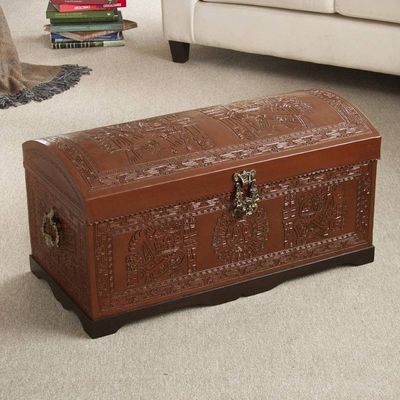 Primary image for Unique Traditional Tooled Leather Covered Wood Chest Sun and Sky