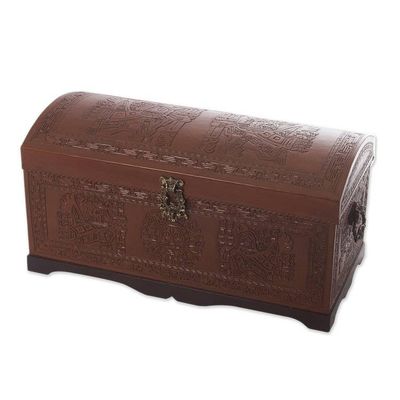 Alternate image for Unique Traditional Tooled Leather Covered Wood Chest Sun and Sky