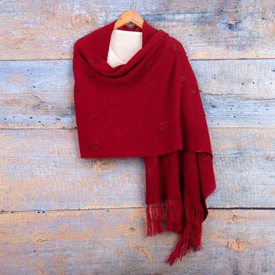 Primary image for Fringed Crimson Alpaca Blend Shawl with Floral Embroidery Blooming Crimson