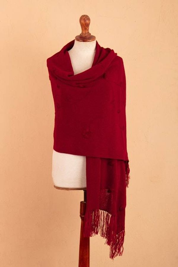 Alternate image for Fringed Crimson Alpaca Blend Shawl with Floral Embroidery Blooming Crimson