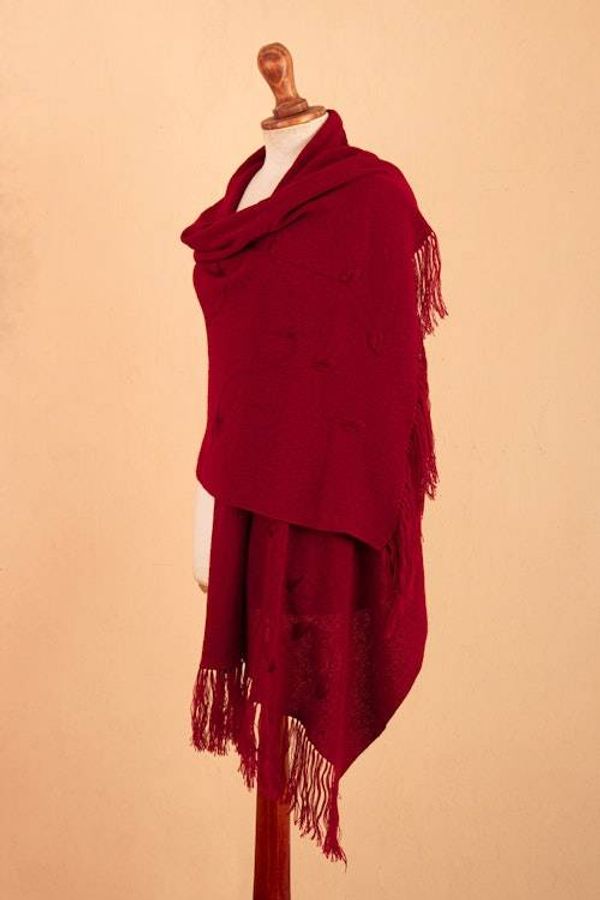 Alternate image for Fringed Crimson Alpaca Blend Shawl with Floral Embroidery Blooming Crimson
