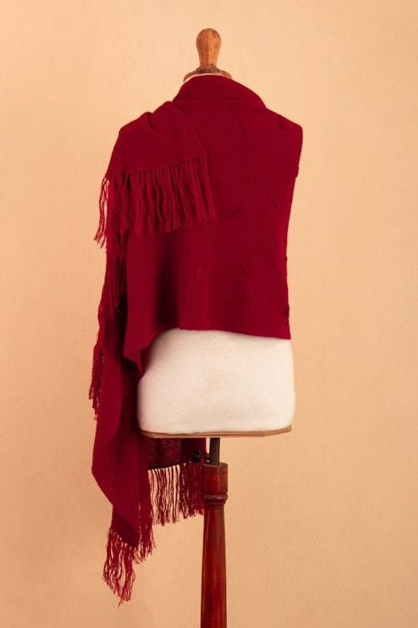 Alternate image for Fringed Crimson Alpaca Blend Shawl with Floral Embroidery Blooming Crimson