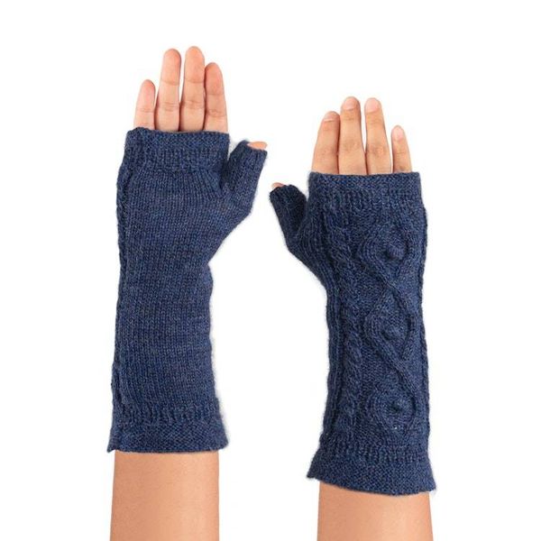 Alternate image for Handwoven Midnight Blue Alpaca Reversible Fingerless Mittens Midnight Blue Glam