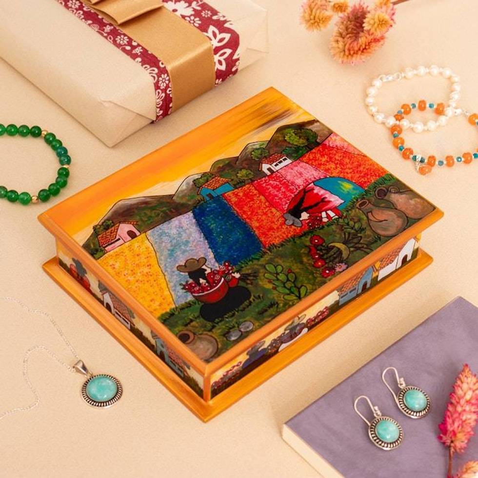 Peruvian Reverse Painted Glass Jewelry Box 'Mother and Daughter'