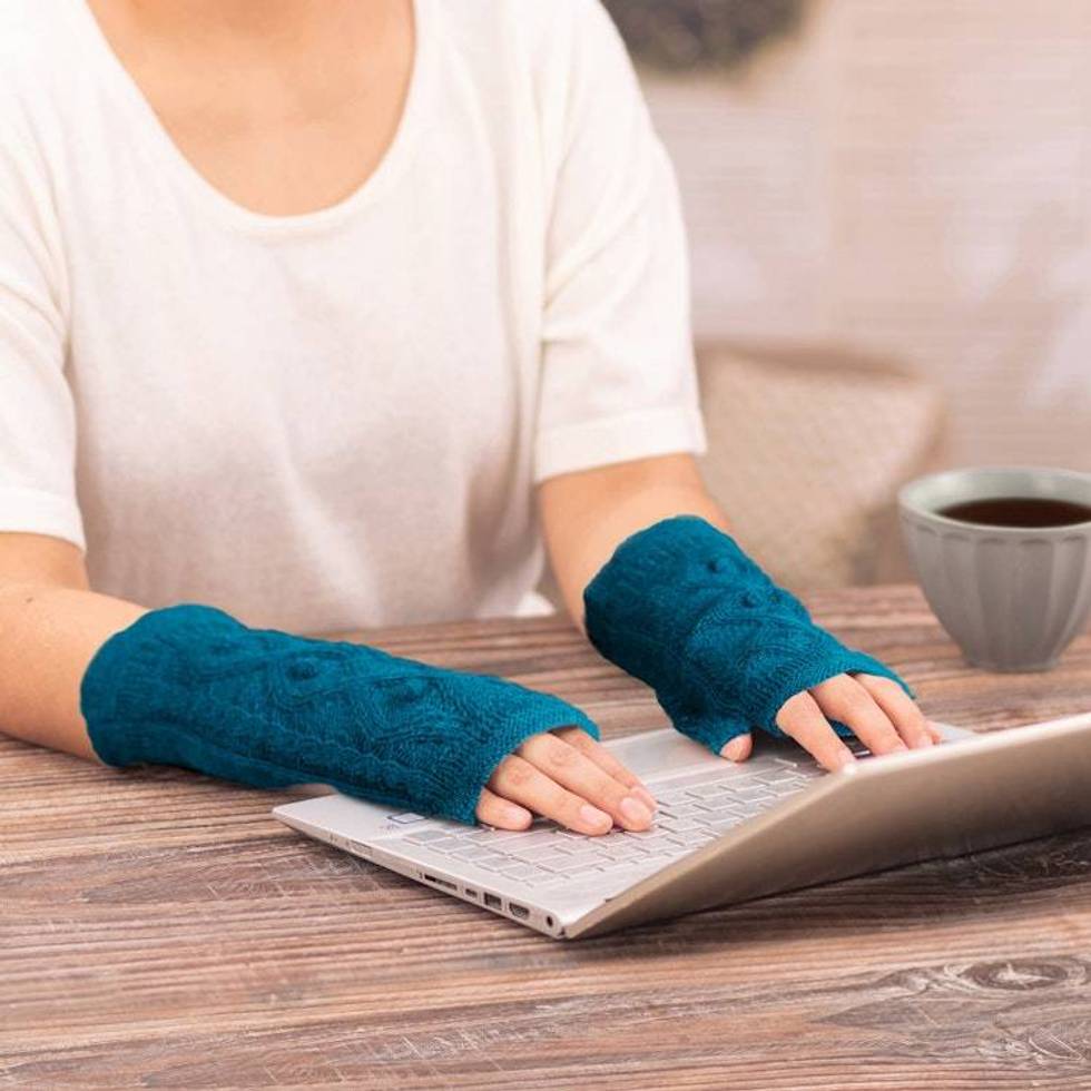 100 Alpaca Reversible Fingerless Mittens in Peacock Hues 'Peacock Glam'