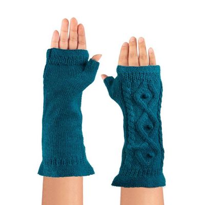Alternate image for 100 Alpaca Reversible Fingerless Mittens in Peacock Hues Peacock Glam