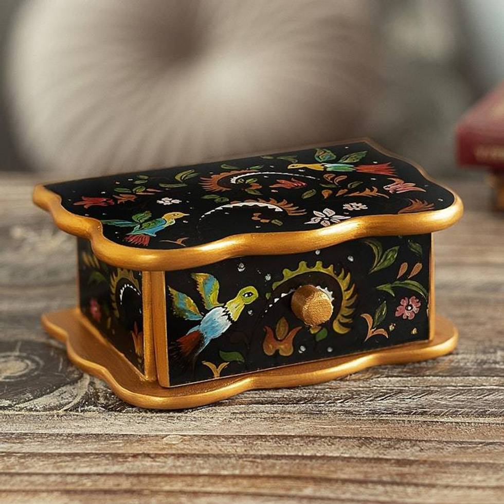 Wood and Glass Hand Painted Jewelry Box With Colonial Birds 'Birds From Surco'