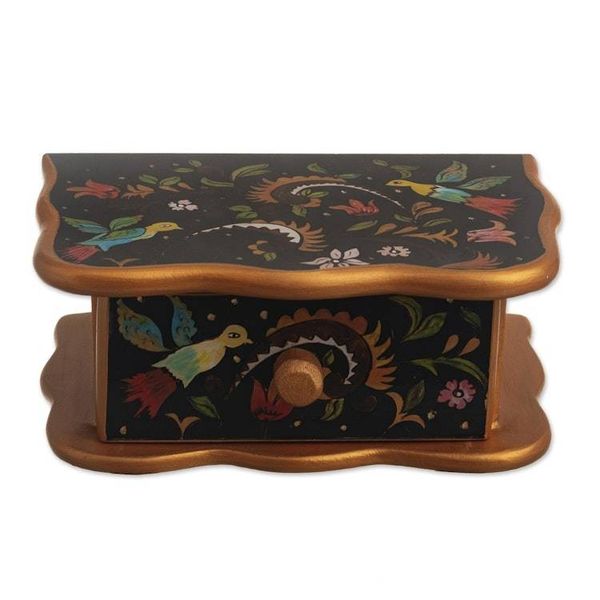 Alternate image for Wood and Glass Hand Painted Jewelry Box With Colonial Birds Birds From Surco