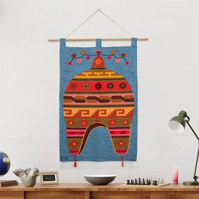 Alternate image for Handwoven Wool Wall Tapestry with Andean Chullo Hat Motif Chullo Hat