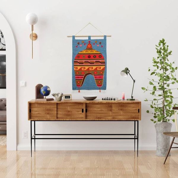 Alternate image for Handwoven Wool Wall Tapestry with Andean Chullo Hat Motif Chullo Hat