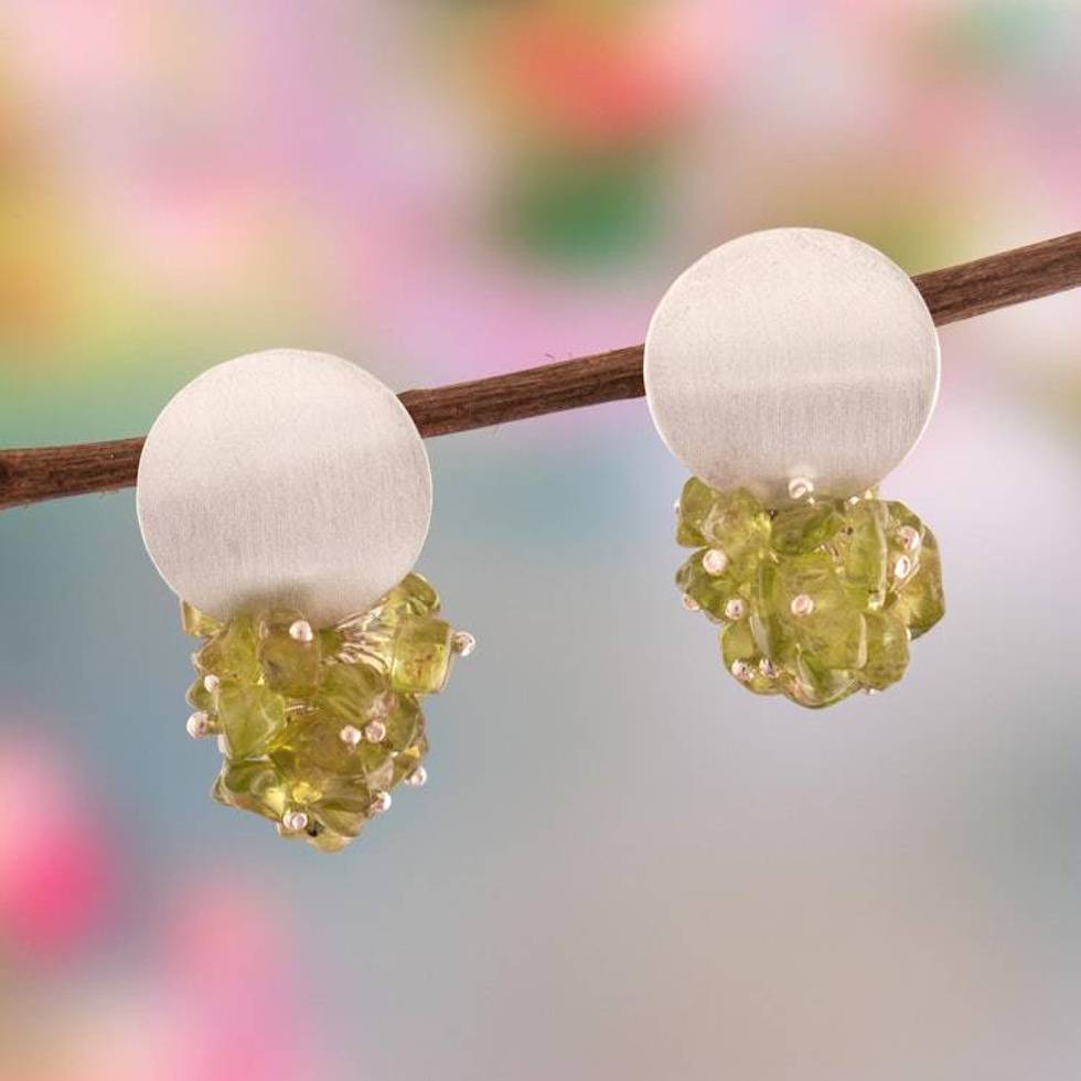 Peridot Silver Cluster Earrings with Brushed-Satin Finish 'Lime Enchantment'