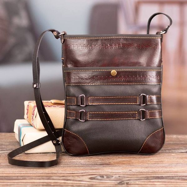 Alternate image for Adjustable 100 Leather Sling Bag in Brown with Llama Motif Andean Explorer