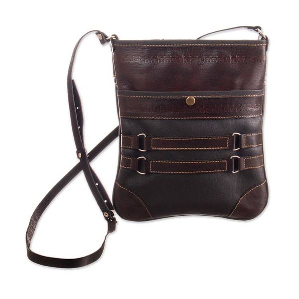 Alternate image for Adjustable 100 Leather Sling Bag in Brown with Llama Motif Andean Explorer