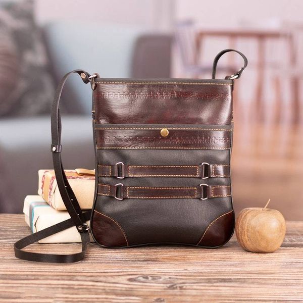 Alternate image for Adjustable 100 Leather Sling Bag in Brown with Llama Motif Andean Explorer