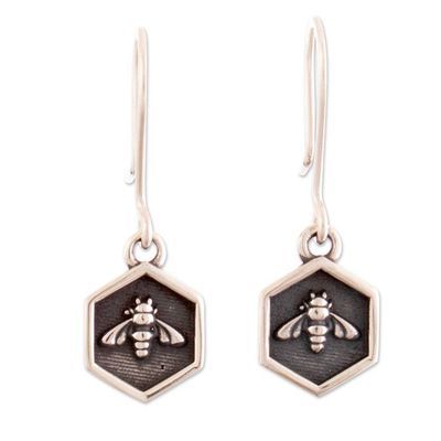 Alternate image for Oxidized and Polished Sterling Silver Bee Dangle Earrings Perfect Bees