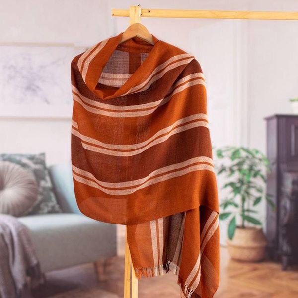 Alternate image for 100 Alpaca Shawl in Orange  Brown with Stripes and Fringes Striped Vibrancy