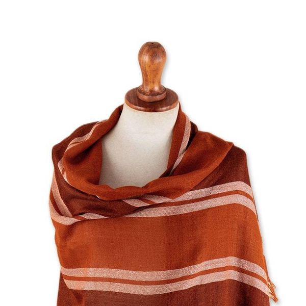 Alternate image for 100 Alpaca Shawl in Orange  Brown with Stripes and Fringes Striped Vibrancy