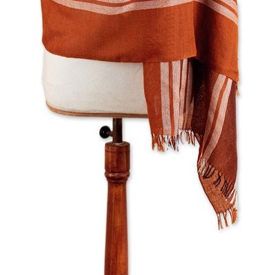 Alternate image for 100 Alpaca Shawl in Orange  Brown with Stripes and Fringes Striped Vibrancy