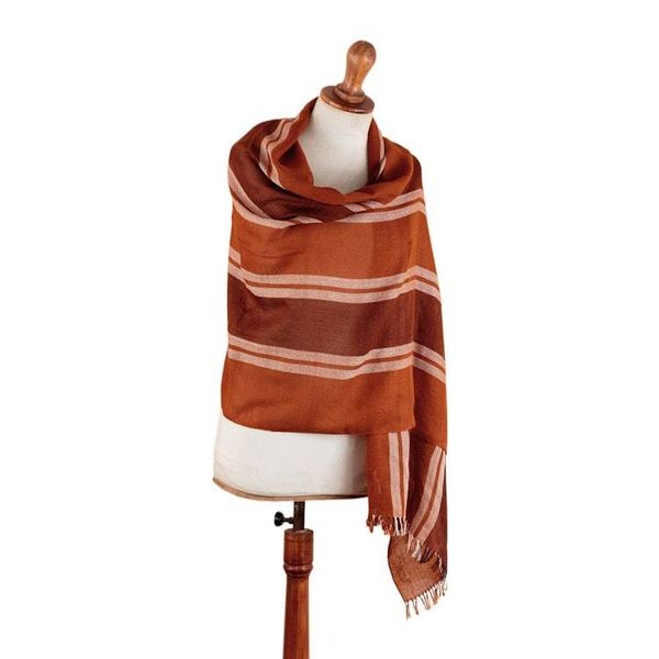 Alternate image for 100 Alpaca Shawl in Orange  Brown with Stripes and Fringes Striped Vibrancy