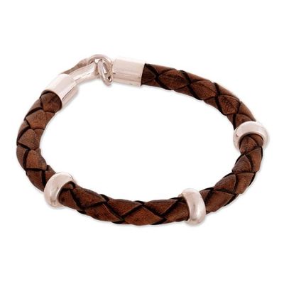 Alternate image for Mens Leather Sterling Silver Braided Bracelet Chankas Warrior in Light Brown