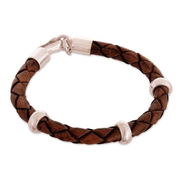 Alternate image for Mens Leather Sterling Silver Braided Bracelet Chankas Warrior in Light Brown
