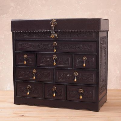 Primary image for Cedar and Tooled Leather Jewery Box with 9 Drawers Colonial Damsel
