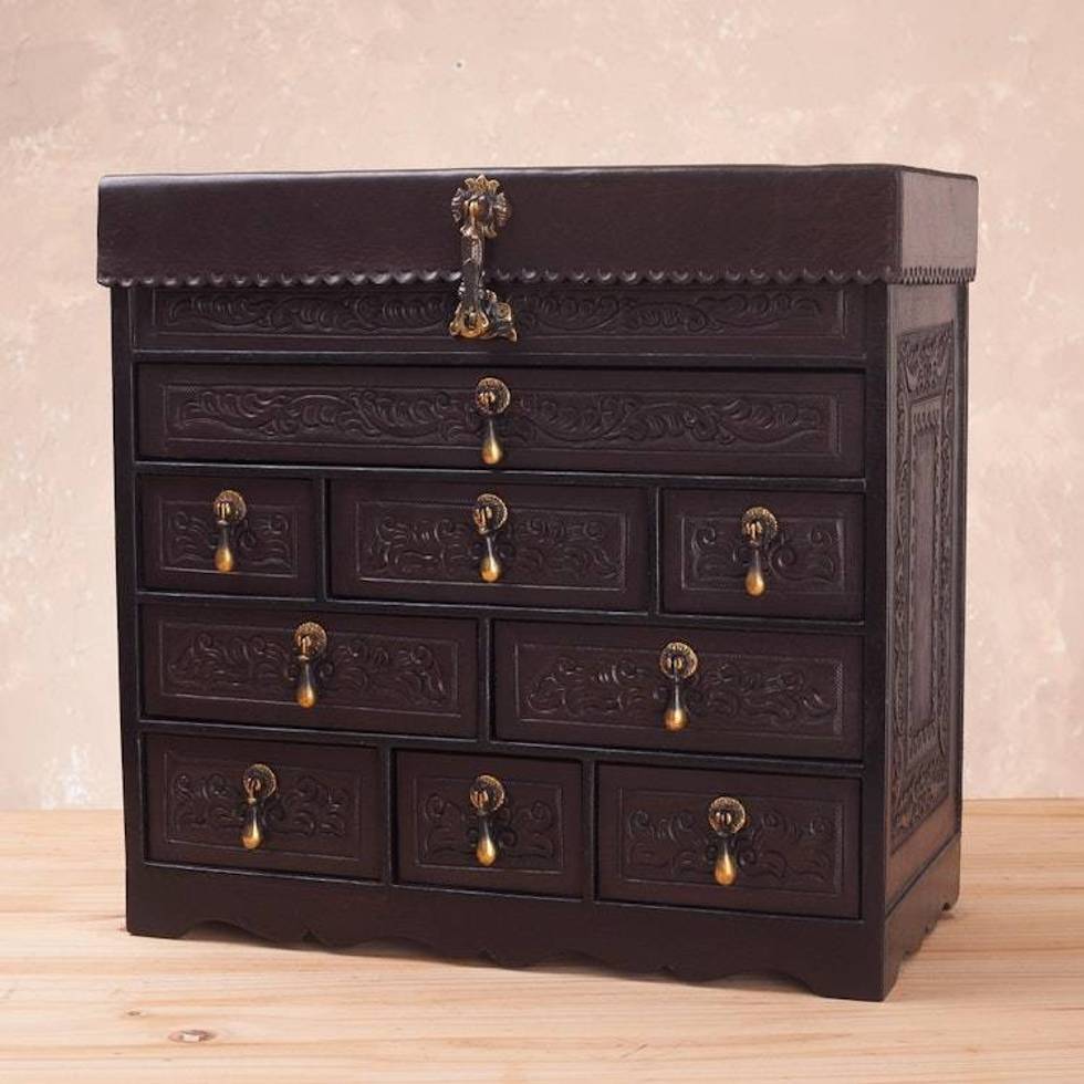 Cedar and Tooled Leather Jewery Box with 9 Drawers 'Colonial Damsel'