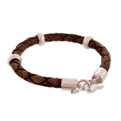 Alternate image for Mens Leather Sterling Silver Braided Bracelet Chankas Warrior in Light Brown