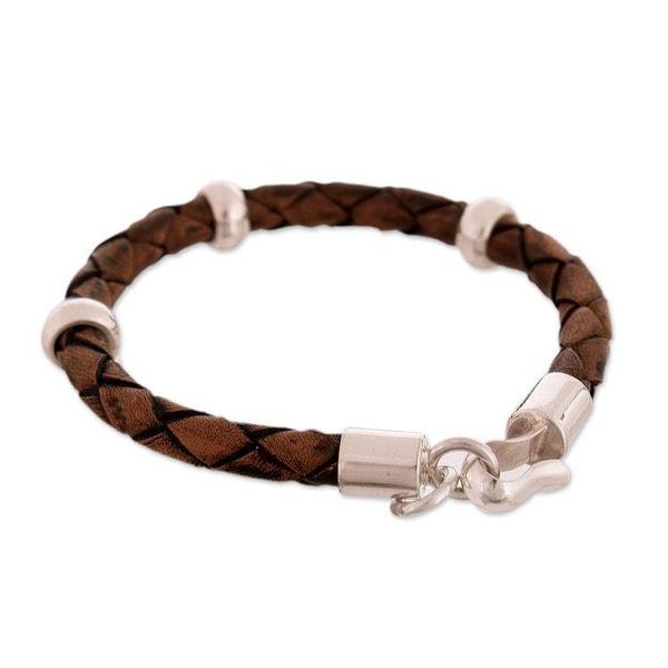 Alternate image for Mens Leather Sterling Silver Braided Bracelet Chankas Warrior in Light Brown