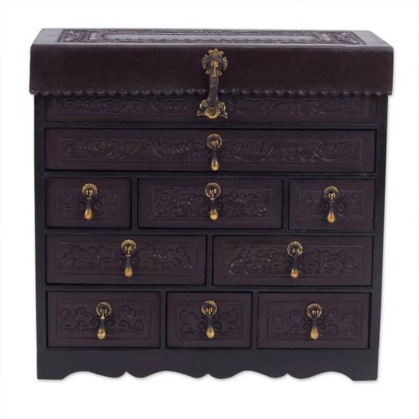 Alternate image for Cedar and Tooled Leather Jewery Box with 9 Drawers Colonial Damsel